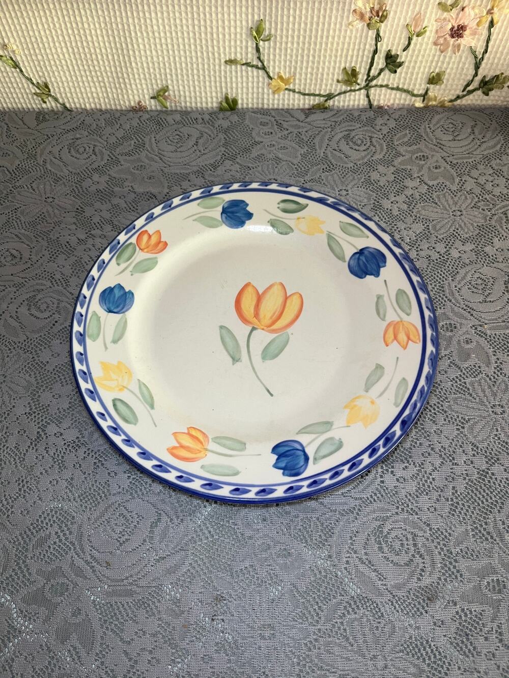 Montgomery Ward Tulip Rimmed Plate Blue Rim Hand Painted Look Floral